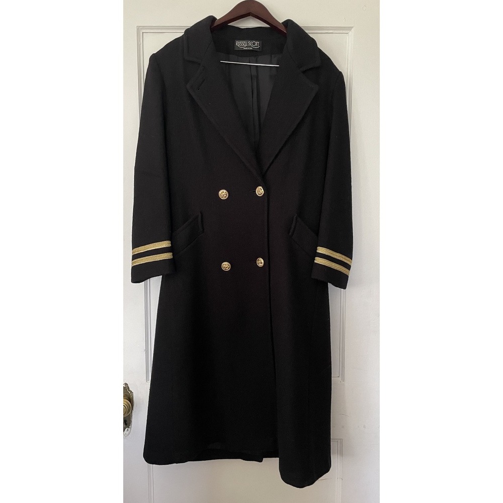 Vtg Black Military Style Long Coat Women's Sz Medium Collared Buttoned‎ Wool